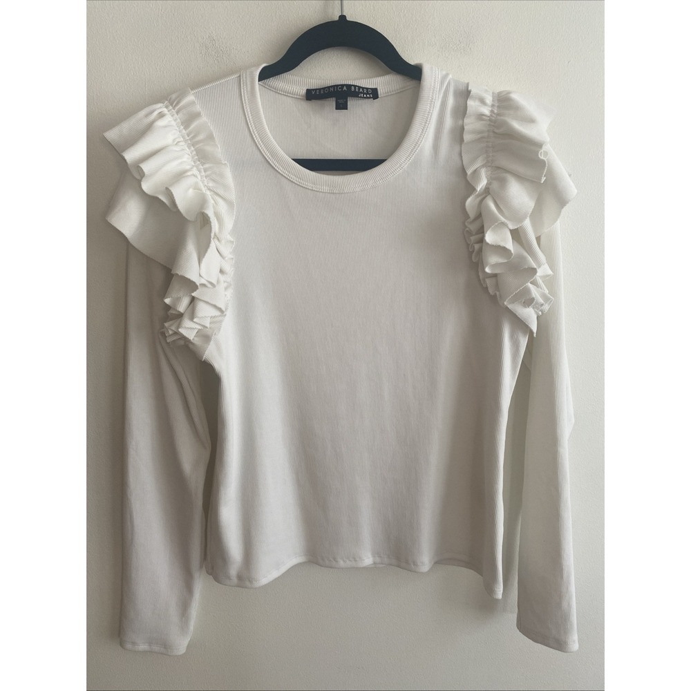 Veronica Beard Segrist Ruffle Shoulder Stretch Ribbed Top White Women's Sz Large